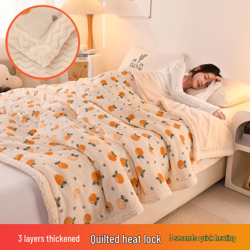 Three-Layer Quilted Milk Velvet Cartoon Blanket - Thick, Machine Washable, Ideal for Autumn/Winter Naps