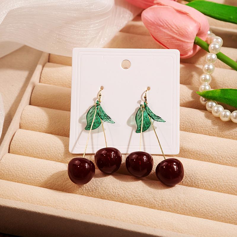 Japanese and Korean fruit cherry earrings Internet celebrities ins exquisite green leaf earrings cartoon cute temperament student resin earrings