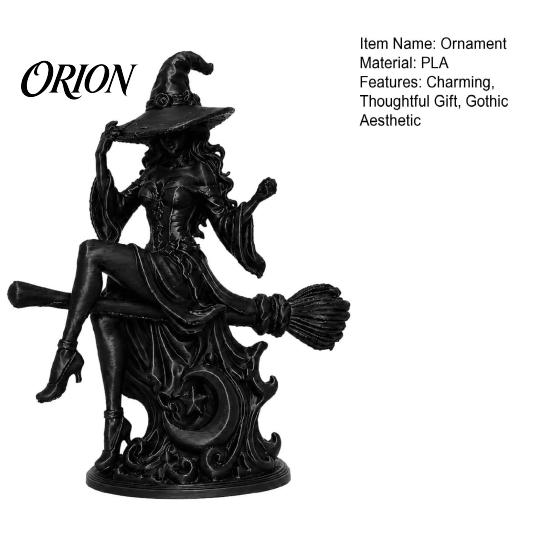 Halloween Party Table Centerpiece Gothic Witch on Broom Statue, 3D Printed Spooky Tabletop Figurine for Home Decor Party, Black Desk with Pointy Hat,