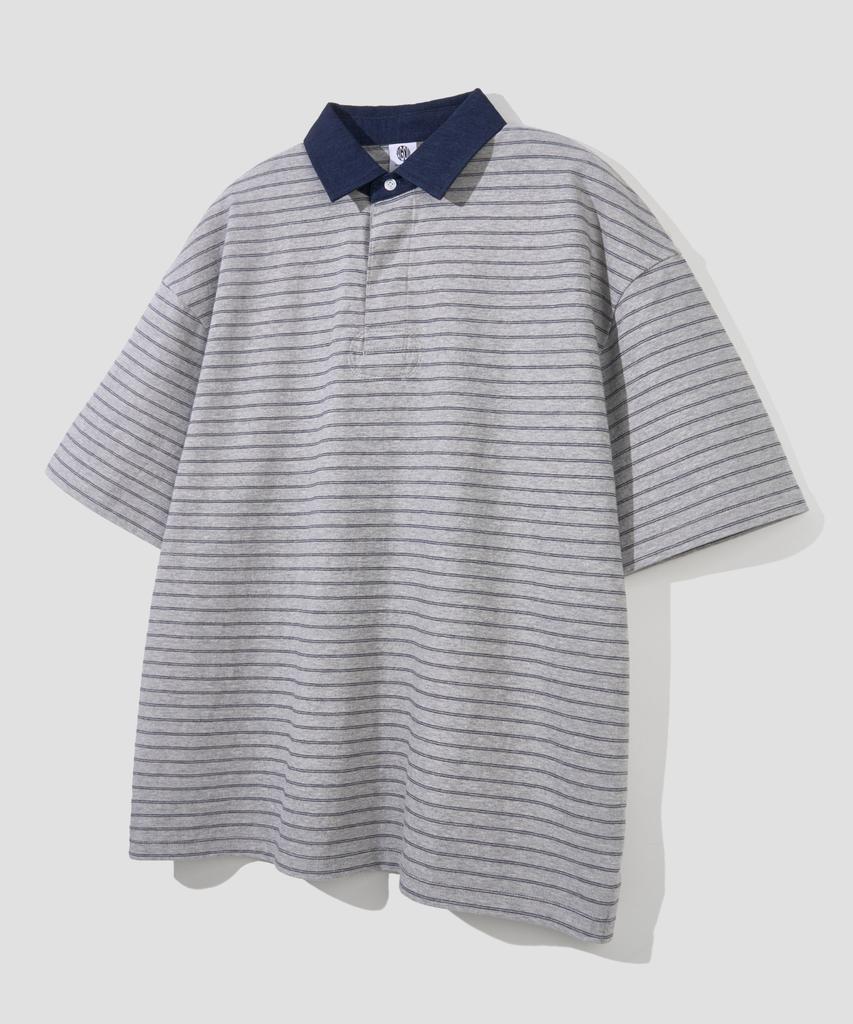 AGOD Contrast Denim Collar Stripe Half T-Shirt [Gray]