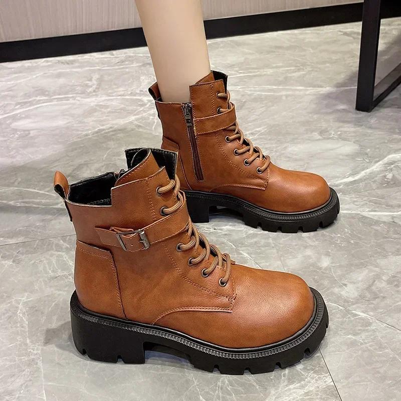 Women Boots  New Autumn/Winter British Style Motorcycle Boots Thick Bottom Lace Up Zipper Buckle Retro Large 43 Short Boots