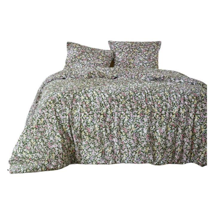 Parure Housse de couette - Myosotis fleurie - 100% Coton - 200x200 cm - Oeko-Tex® - 2 Taies d'oreiller
