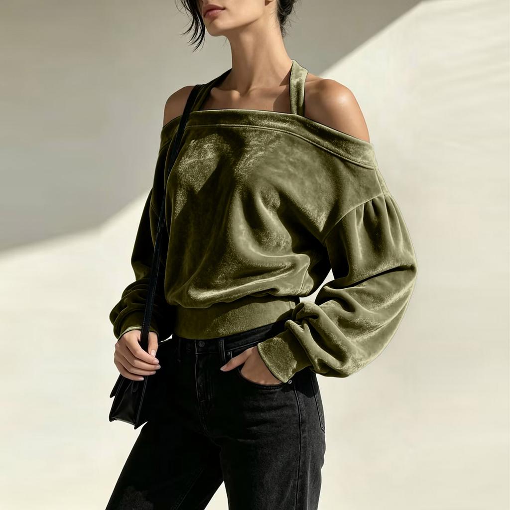 Women's Velvet Off-Shoulder Long Sleeve Loose Sleeve Casual Sweatshirt