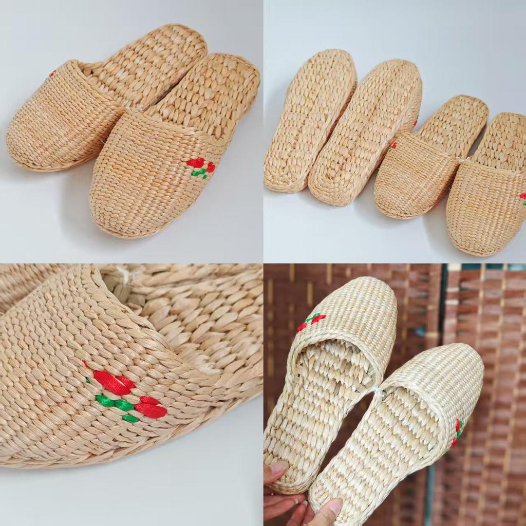 Finely Woven Cattail Slippers - Handmade Straw Shoes for Men & Women, Comfortable & Nourishing Mesh Design.