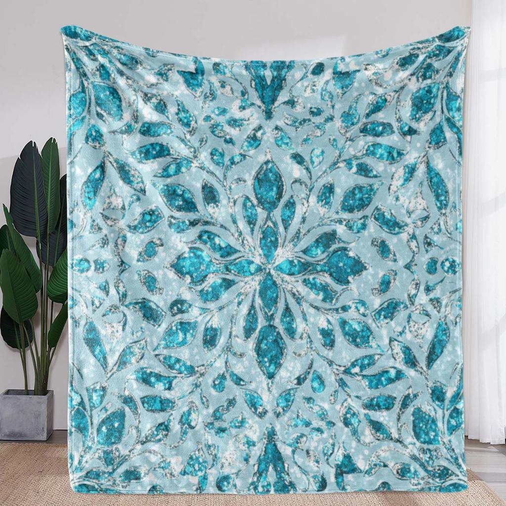 [Vintage Flannel Blanket] Soft Warm 1pc Vintage Blue Diamond Floral Print Flannel Blanket | All-Season Throw for Sofa Bed Car
