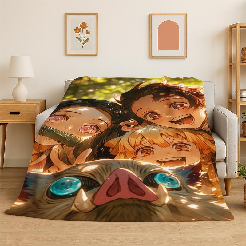 Cartoon Demon Slayer Anime Kamado Nezuko Tanjirou Flannel Blanket Soft Warm Throw Blanket for Bedroom Living Room Bed Travel