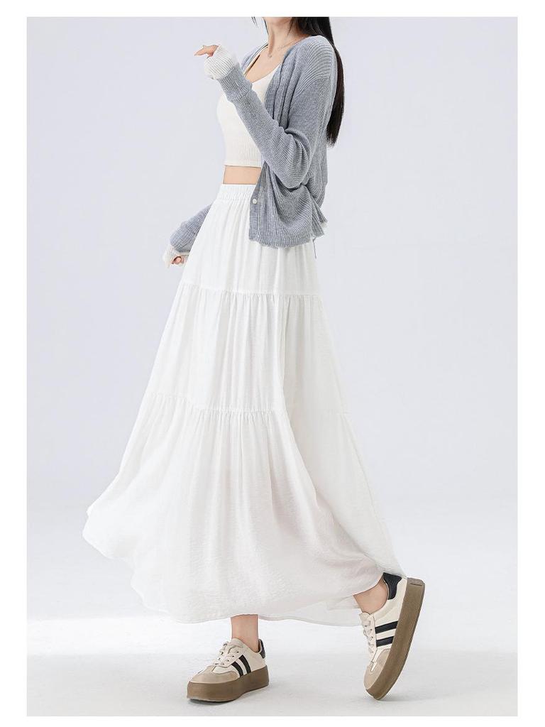 Summer 2025 Pink A-line Midi Skirt with Elastic Waist: Loose Fit, Slimming Design for Casual Wear.