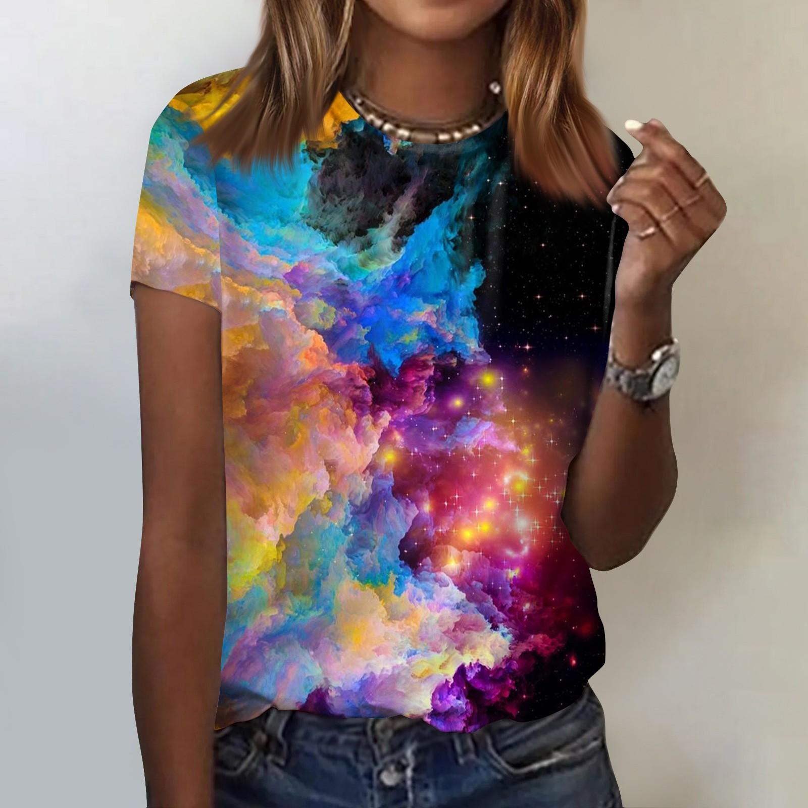 

Женская модная повседневная футболка с коротким рукавом и круглым вырезом с принтом Galaxy L бежевый