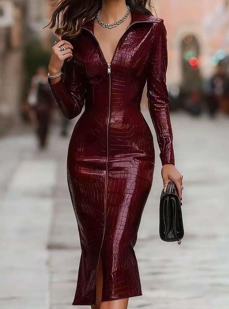 2026 European and American Fashion Workplace Commuter Glossy Crocodile Zipper Medium and Long Dress