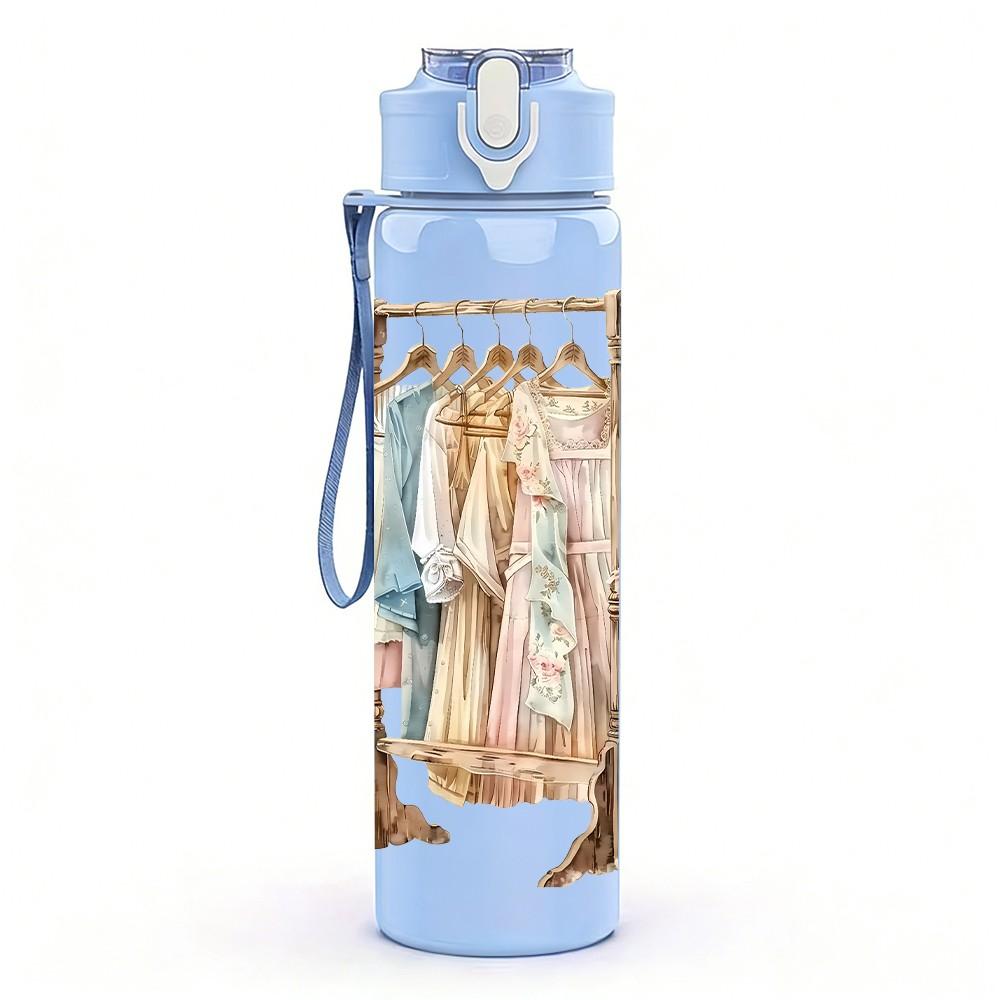 1PC Vintage Clothes Hanger Dress Pattern 750ml Color Plastic Sports Water Bottle Leakproof Flip Straw Lid Suitable for Sports Office Home Use