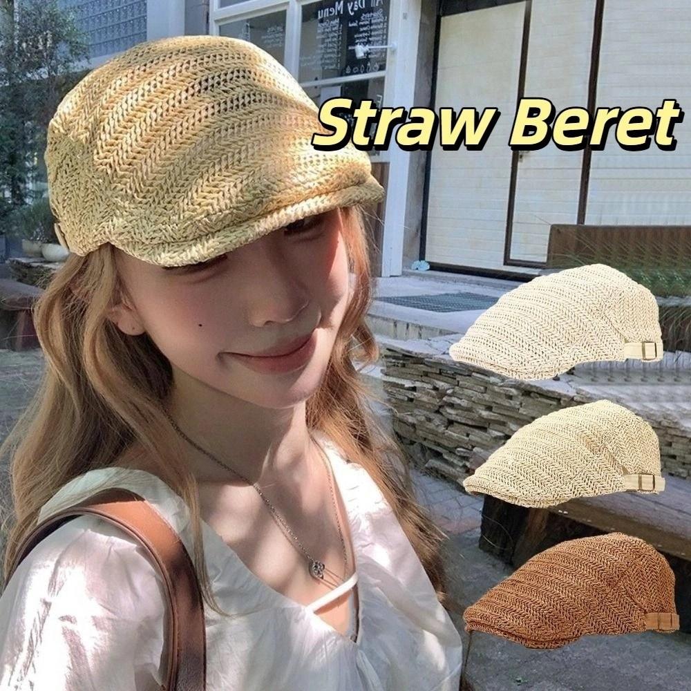 Hollow Straw Newsboy Cap Vacation Painter Beret Japanese Style Straw Beret  Travel