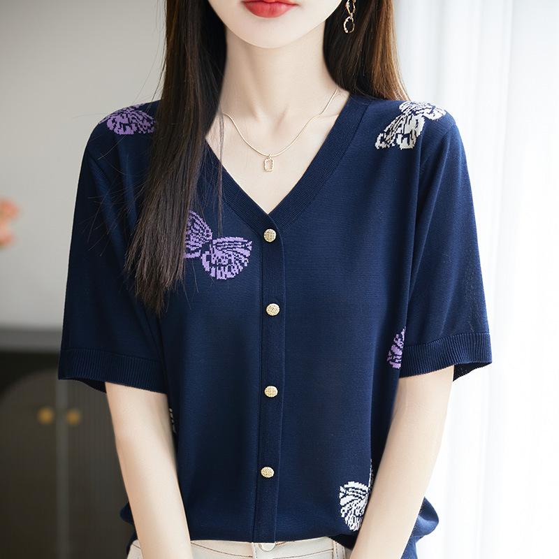 

This Elegant and Slimming Butterfly Jacquard V-neck Knitted Short-sleeved Top Is Casual, Loose, Cool and Breathable for Women XL чорний