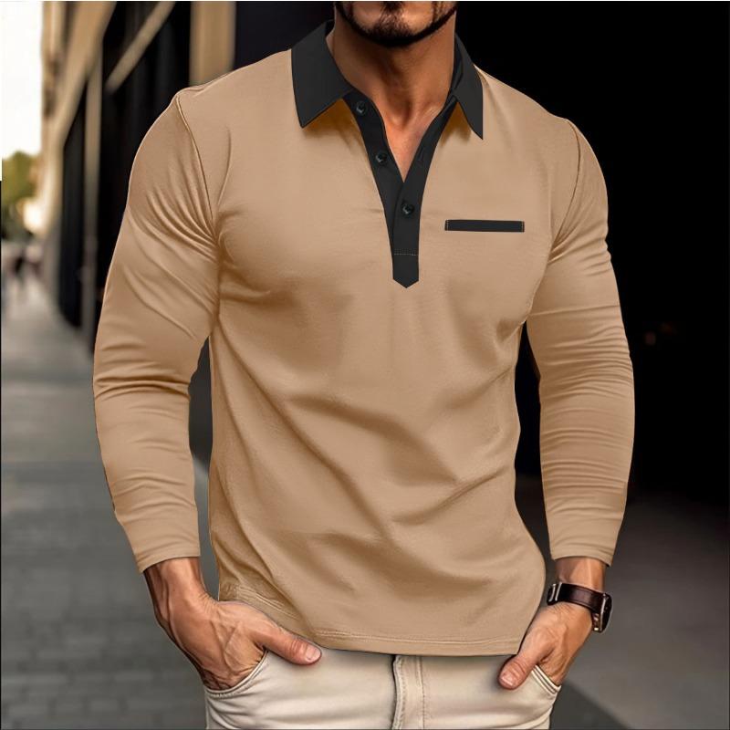 Herre Poloskjorte Casual Herre Langermet T-skjorte Krage-stil Moteabel Herre Fargeblokkert T-skjorte