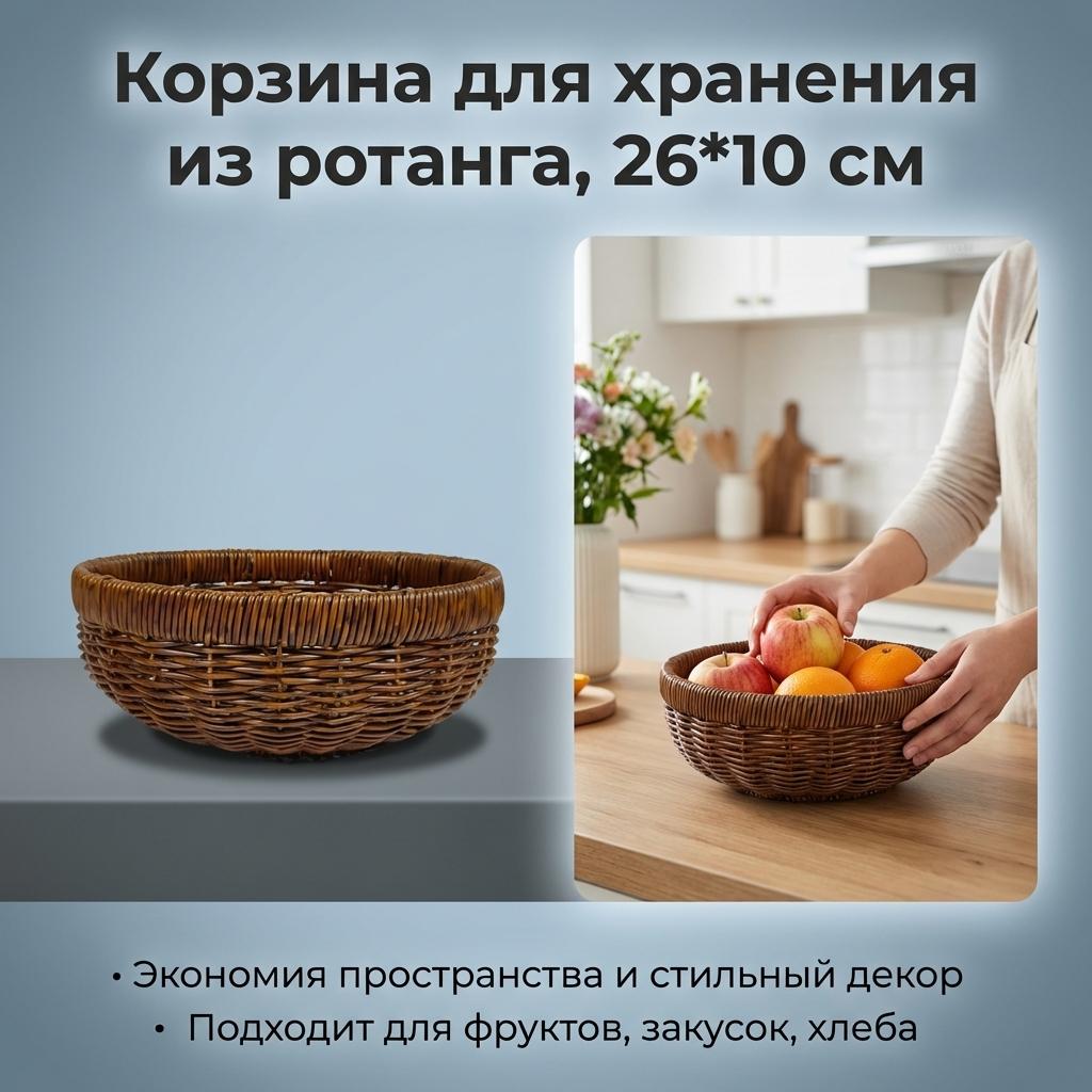 Round Rattan Style Storage Basket For Fruit Snack Bread In Living Room Kitchen