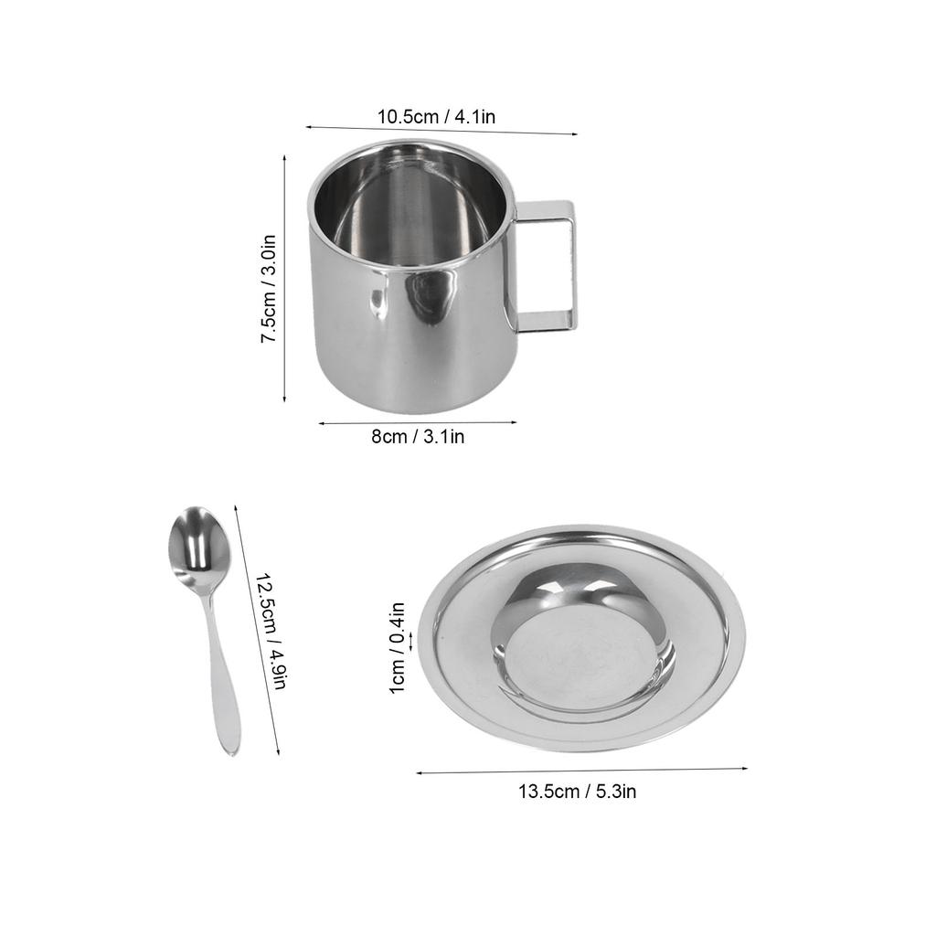 Insulated Coffee Cup with Saucer Spoon Set Stainless Steel Double Walled Mugs Milk Tea Cup for Kitchens Hotels Coffee Shops