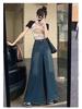 2024 Retro High Waist Wide Leg Denim Skirt with Frayed Edges for Spring & Autumn