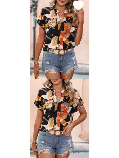 Women's Colorful Floral Print V-Neck Short-Sleeve Top - Summer Fashion