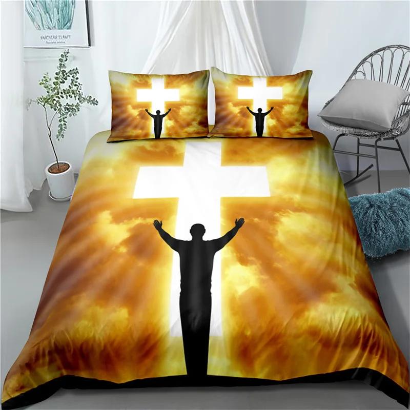 Set Copripiumino 3D Gesù Set Biancheria da Letto in Poliestere Cristiano Sacro Gesù Copripiumino a Croce Adatto per Cristiano Gesù Re