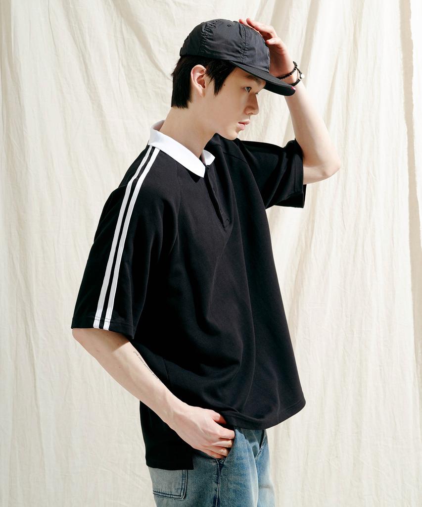 JEMUT Forward Oversized Collared Short Sleeve T-Shirt Black Oyst2559