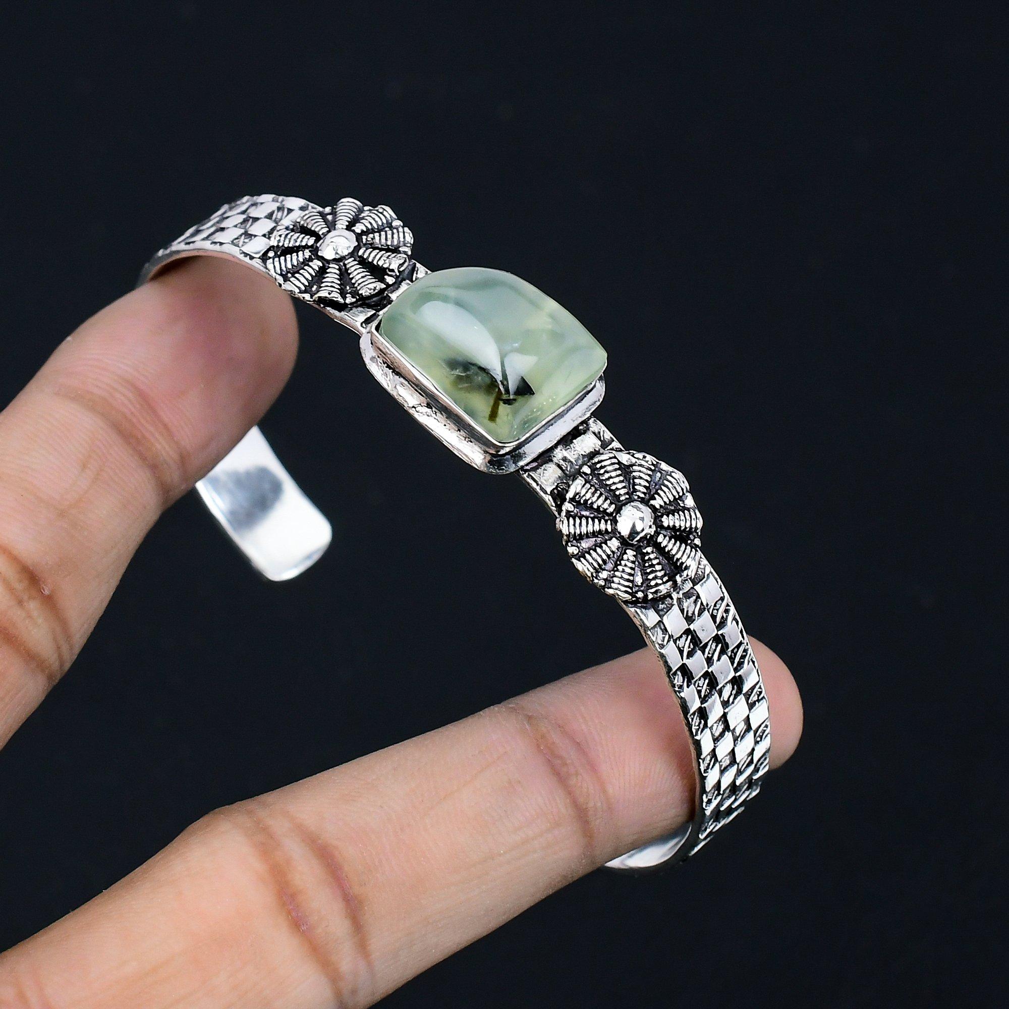 

Sterling Silver Trillion Moss Prehnite Gemstone Mother Ethnic New Bangle Jewelry Adjustable