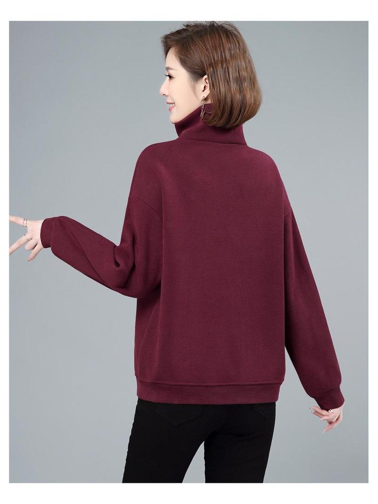Women's Fleece-Lined Half-Zip Stand Collar Sweatshirt - 2024 Autumn/Winter Korean Style for Middle-Aged Moms