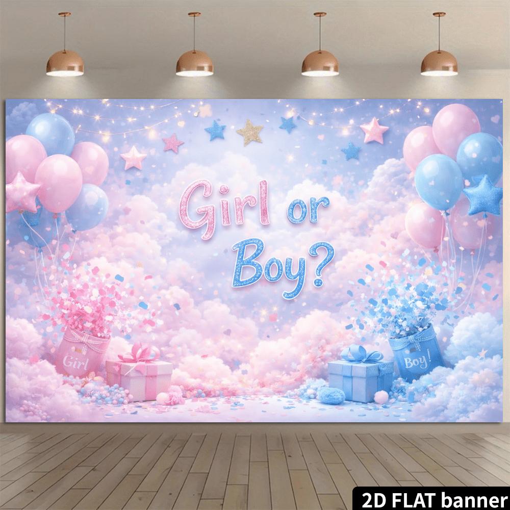 2D flat party banner background with soft cloud and balloon patterns, featuring the bold "Girl or Boy?" text at the center