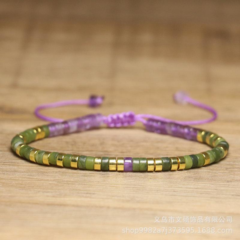 Green Aventurine Amethyst Square Bead Bracelet – Gold Accent Adjustable Boho Jewelry, Serenity Clarity Gift for Women
