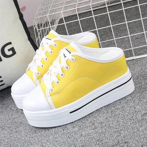 Fashion Spring Summer Women Slipper Pumps Canvas Shoes Internal-increase 8cm High Heels Solid Casual Student Outside Female Slippers