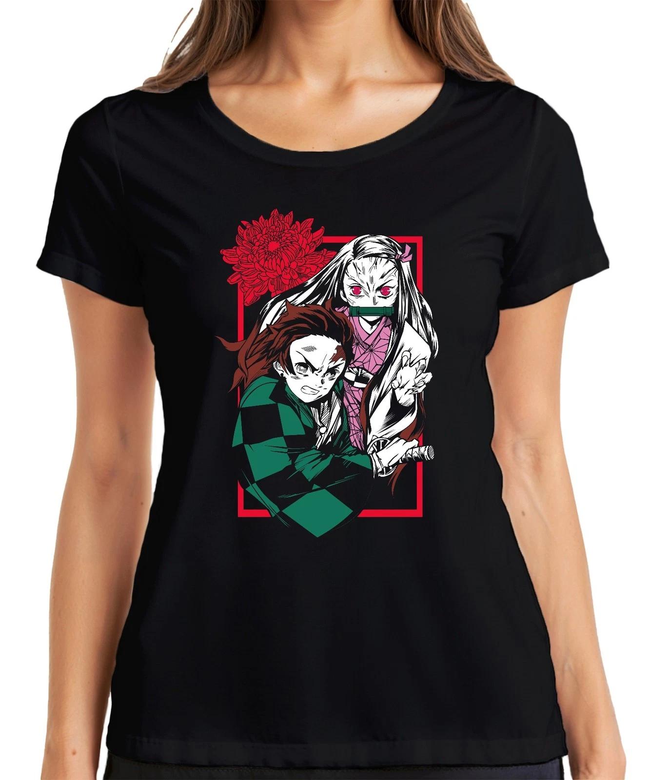 Kimetsu No Yaiba Tanjiro Nezuko Anime Dämonenjäger Katana Fan Damen T-Shirt S