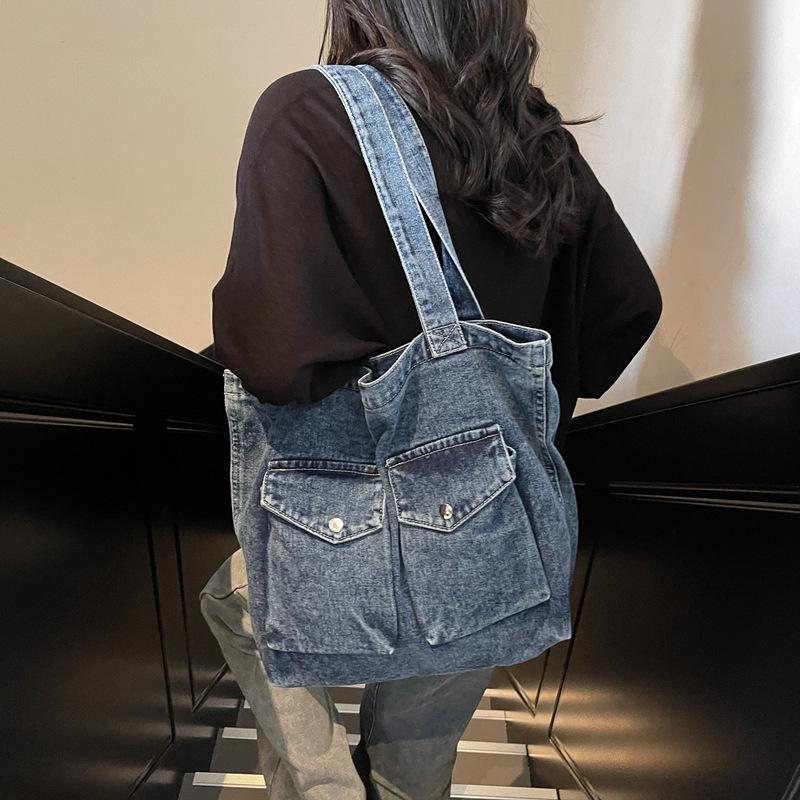 Denim Bags Women'S Fashion Fashion One Shoulder Oblique Span Bag College Students Class Multi-Pocket Commuter Tote Bag