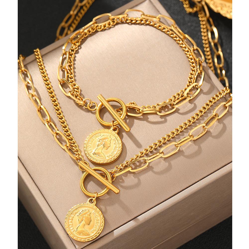 Stainless Steel Jewelry Set Hanging Coin Multi-Layer Chain Design Bracelet Necklace Ladies Jewelry Set For Women Jewelry Gifts