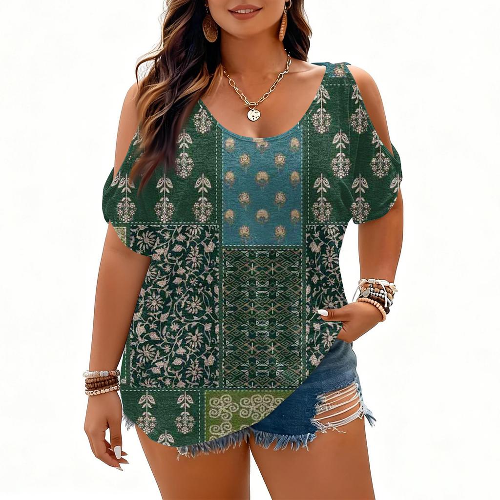 Women's Fashion Short Sleeve Cold Shoulder Top Casual Printed Blouse for Work Daily Wear Soft Fabric Comfortable Fit