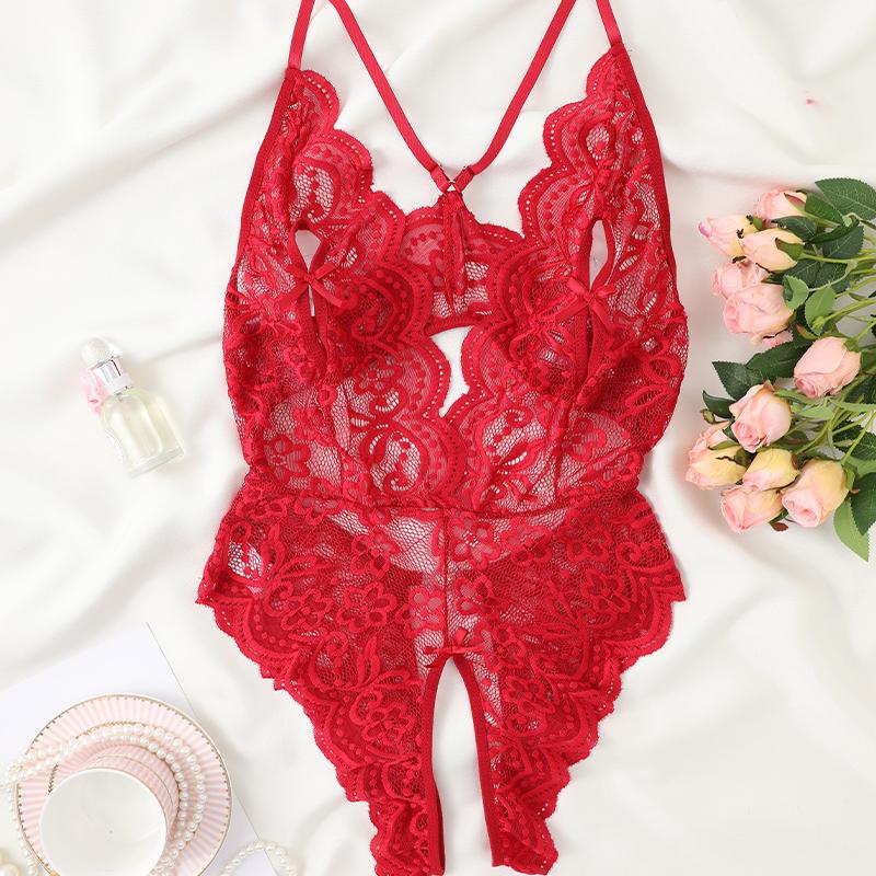 Sexy Crotchless Red Lingerie Women Lace Hollow Bodysuit Erotic Pajamas Teddy Babydoll Dress Deep V Open Bra Porn Underwear Set