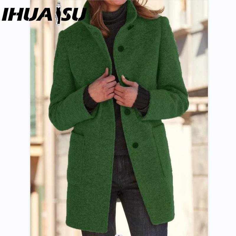 IHUASU Women's Vintage Casual Lattice Print Autumn Winter Long Sleeve POLO Neck Jackets & Coats