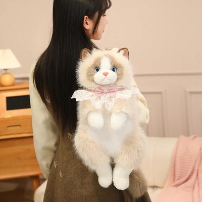 Adorable Realistic Ragdoll Cat Plush Backpack Soft Fluffy White Black Cat Shoulder Bag with Adjustable Strap Cute Cat Bag