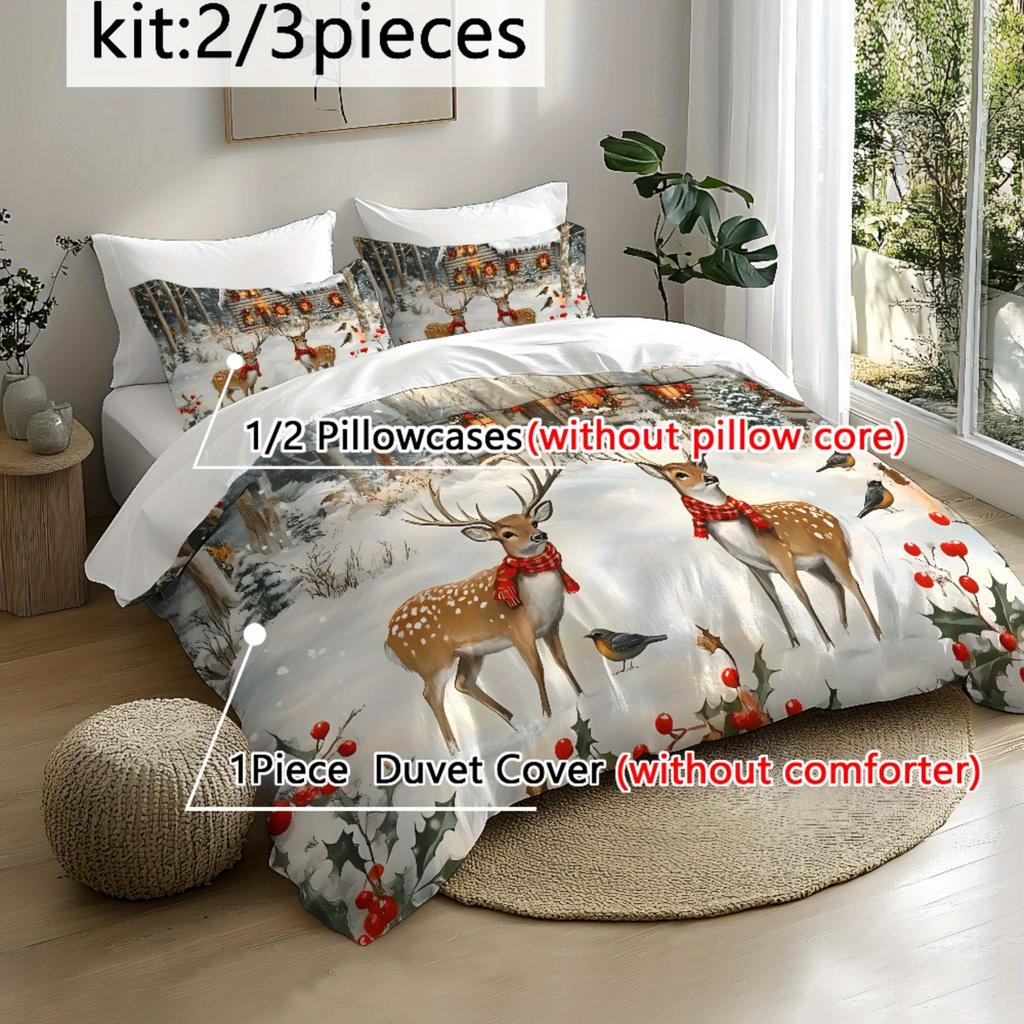 2/3pcs Christmas Santa Claus Sleigh Reindeer Snowman Snowflake Gift Pattern 3D Super Soft Brushed Digital Duvet Cover Set