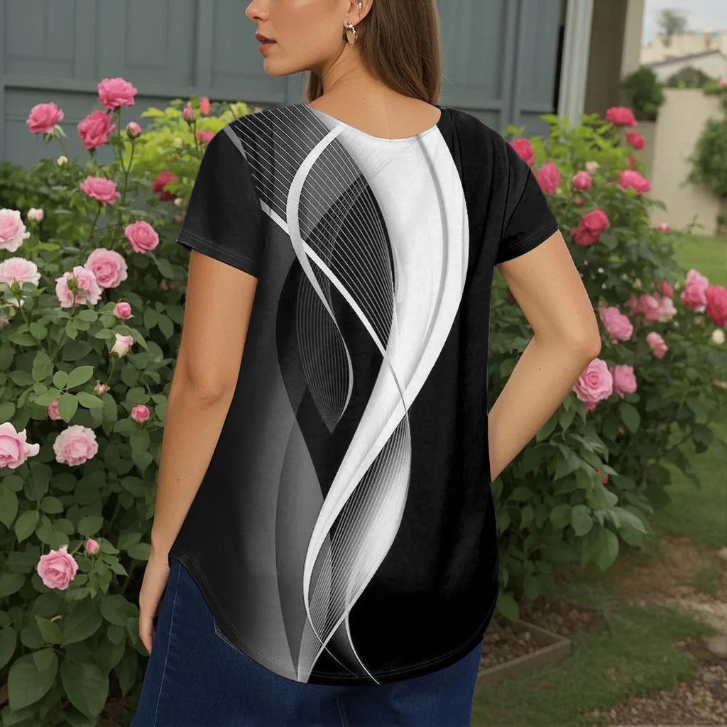 Women's Fashion Casual Printed V-Neck Short Sleeve Large Size T-Shirt Top