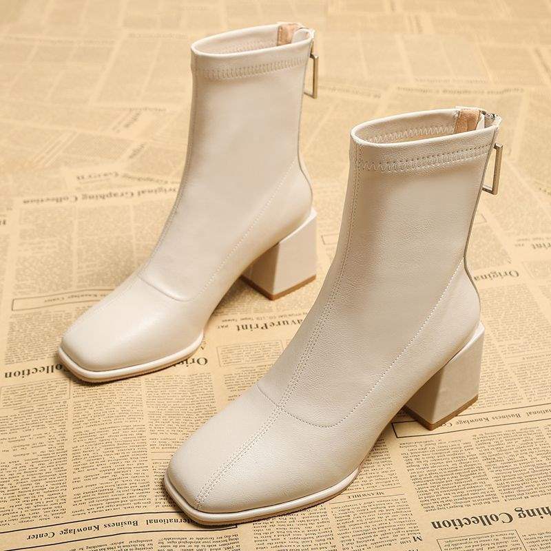 

White Martin boots women s high-heeled short boots 2025 new French medium-heeled winter ankle boots velvet thick-heeled Chelsea 40