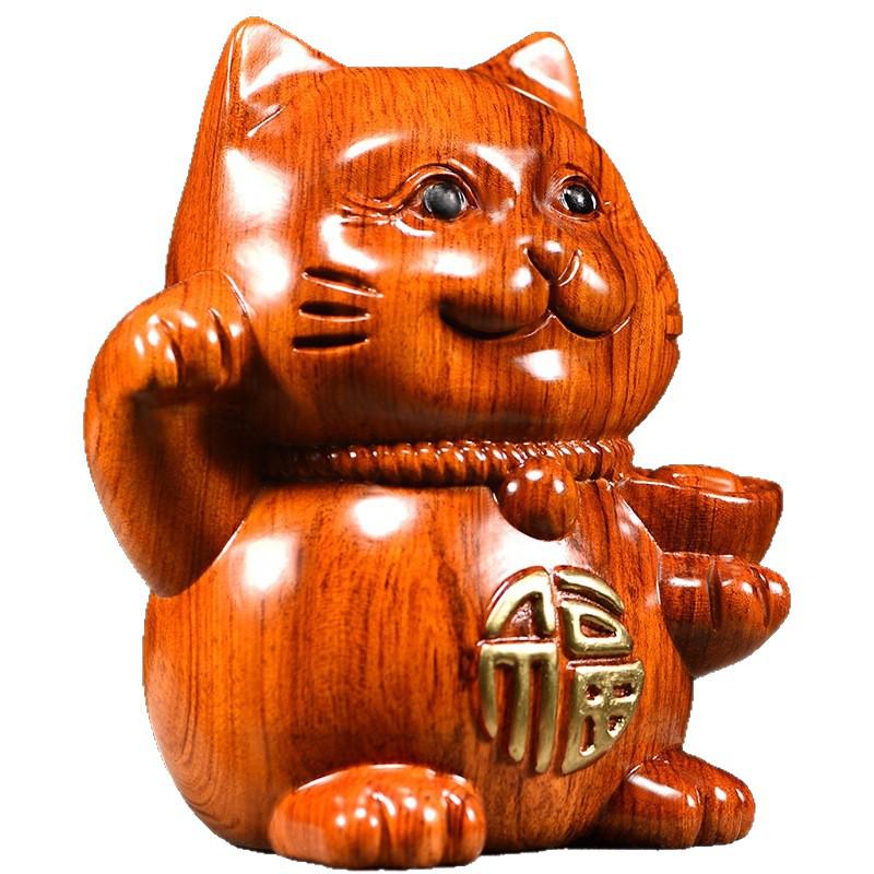 Rosewood Lucky Cat Wooden Ornament - Fortune Cat Decoration for Living Room, Shop, or TV Cabinet.