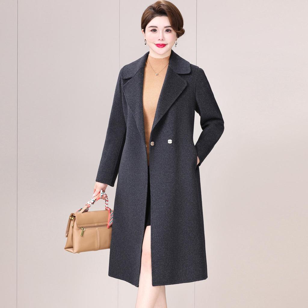 Damski dwustronny płaszcz kaszmirowy - Modny średniej długości z wiązaniem, wełniany, na jesień/zimę