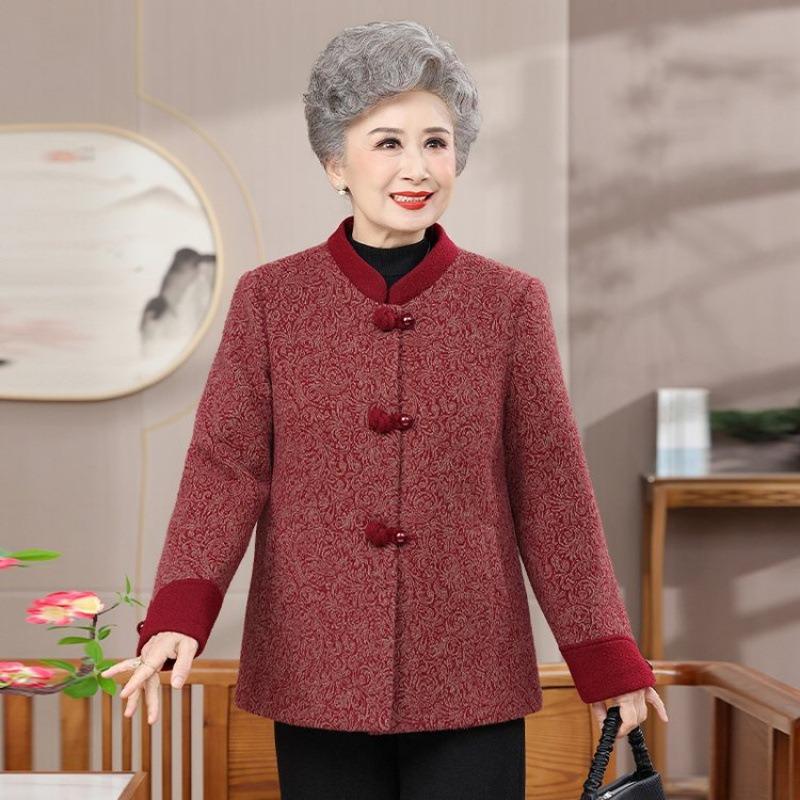Fleece New Autumn and Winter Autumn and Winter Clothing Mother Woolen Grandma Middle-aged Elderly Coat Thickened Tang Clothing Woolen Top Women