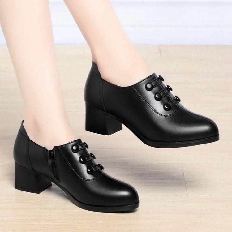 Fashion thick heel single shoes women's autumn new versatile soft sole women's shoes medium heel leather shoes mother shoes women