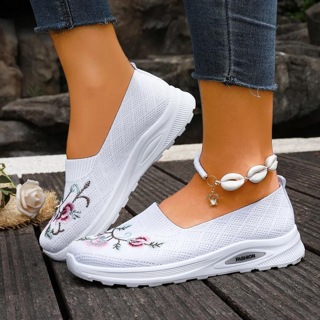 Fashion Autumn Women's Embroidered Sneakers Fashion Breathable Lightweight Non-Slip Wear-Resistant Casual Sports Shoes Soft Flat Loafer