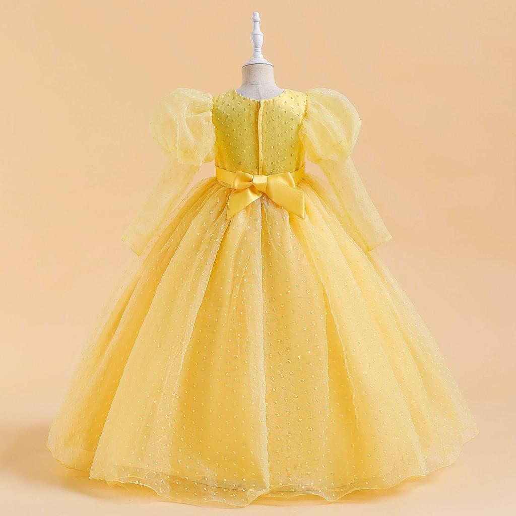 4-14 Years Girls Stereo Flower Gigot Sleeve Tie Back Mesh Party Sequins Bridesmaid Wedding Floral Plain Dress 2023