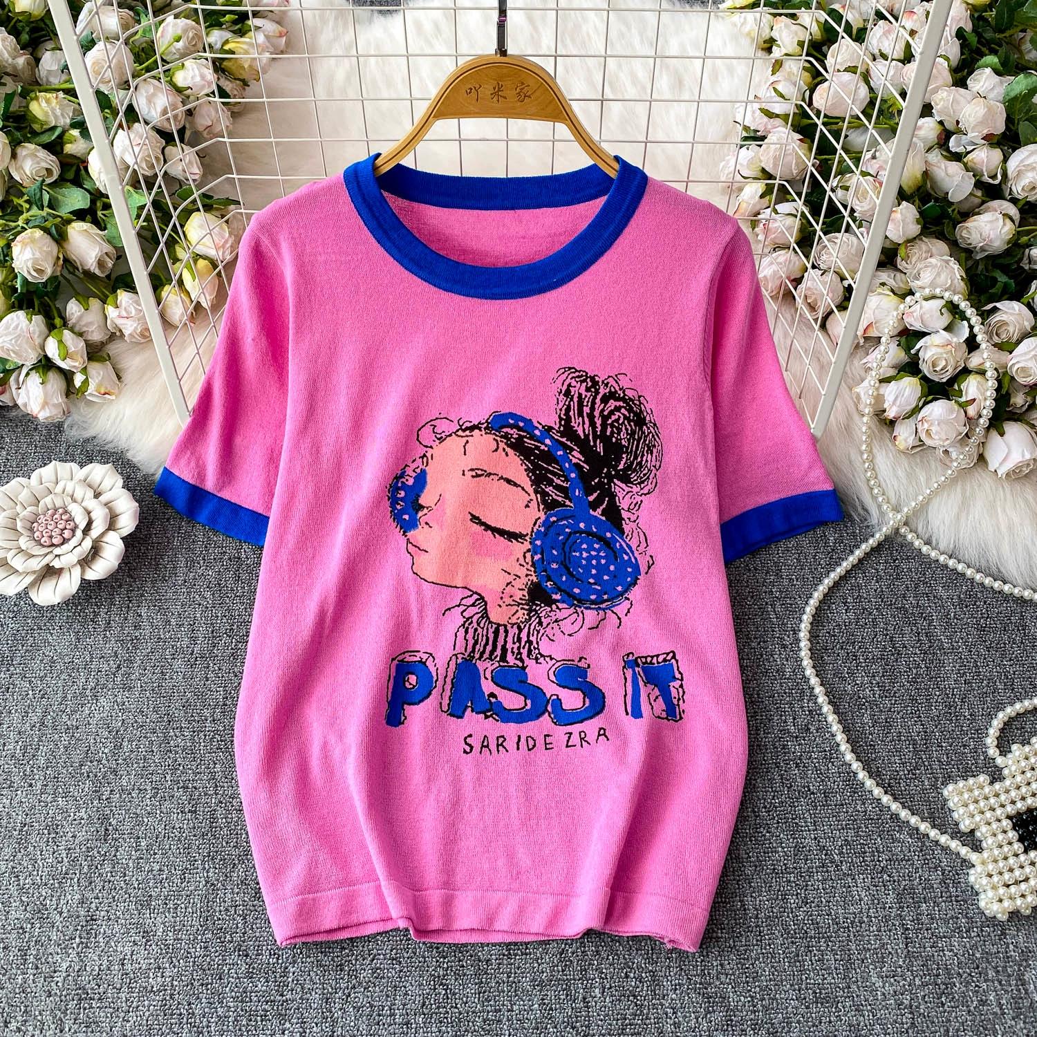 

Летний женский колледж Мультяшный принт Вязаный тонкий свитер Пуловер Топы для девушки One Size розовый