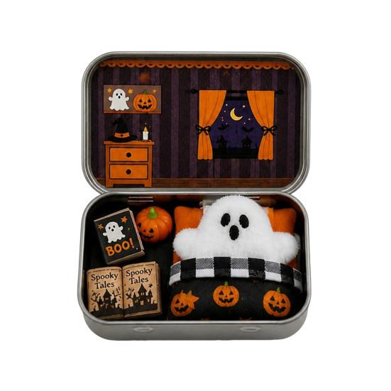 Halloween Cabin Illustration Mini Tin Box Gift, Plush Ghost with Haunted House Gift Scene, Collectible Micro Theater for Kids, Party Favor Dolls