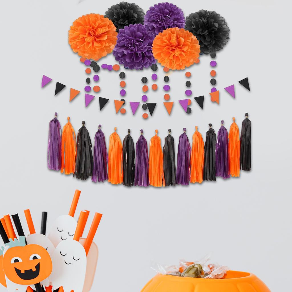 Halloween Tissue Paper Pompoms Set with Tassels Assorted Sizes Decorations for Indoor and Outdoor Use Party Supplies