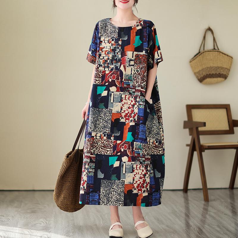 

DIMANAF 2023 Летнее платье-футболка больших размеров Женское хлопковое свободное платье с нерегулярным принтом Пляжные короткие рукава с о-образным вырезом показывают тонкое повседневное женское платье