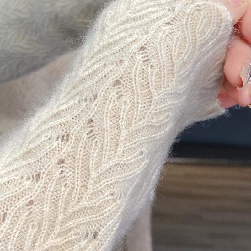 Women's 100% Pure Wool Loose Knit Hollow-Out Pullover Sweater