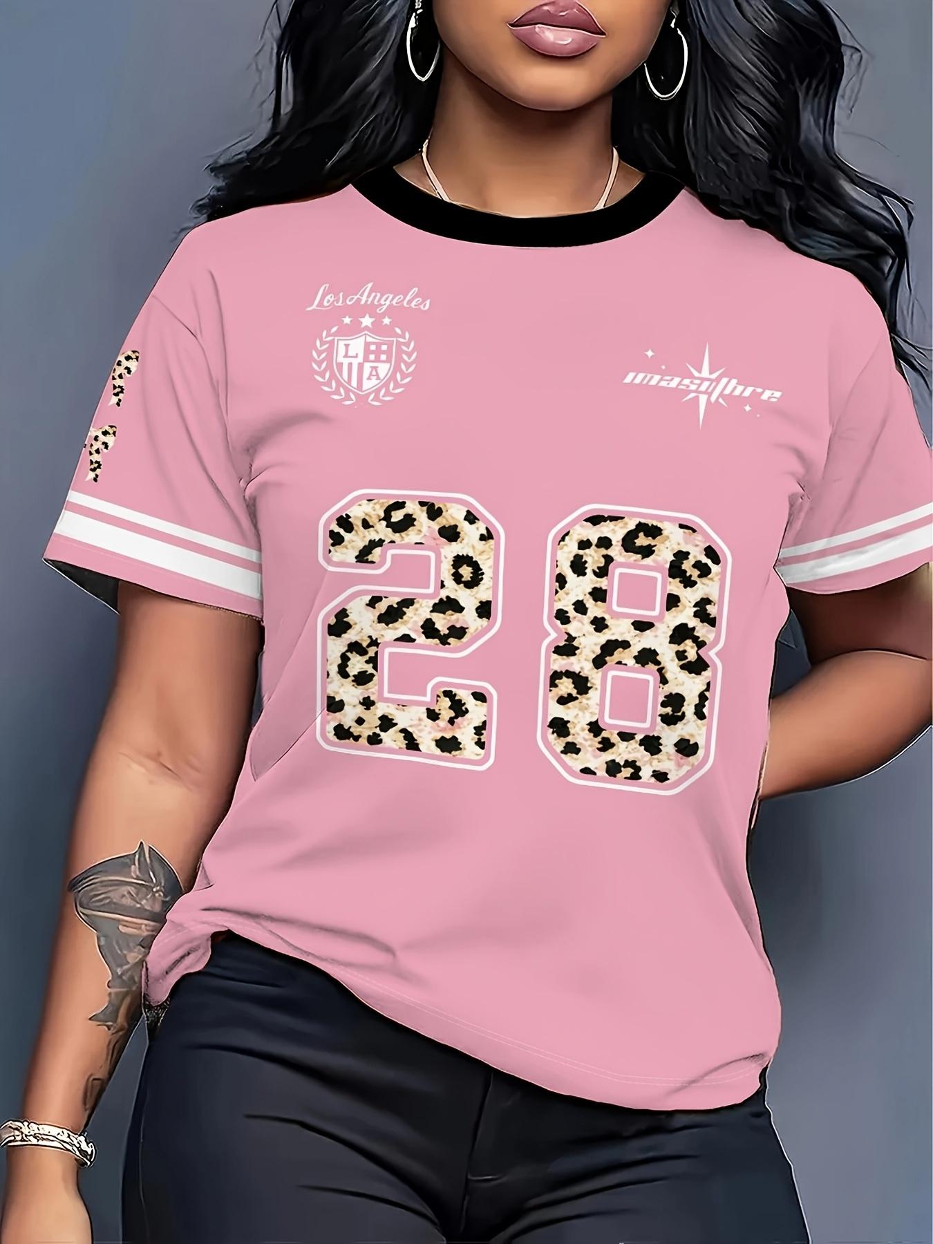 

Los Angeles-Themed Leopard Print Color-Blocked Sweet Cool Hot Style Short-Sleeve T-Shirt with ;71.12cm Leopard Print And ;Los Angeles; Letter Print. C XL